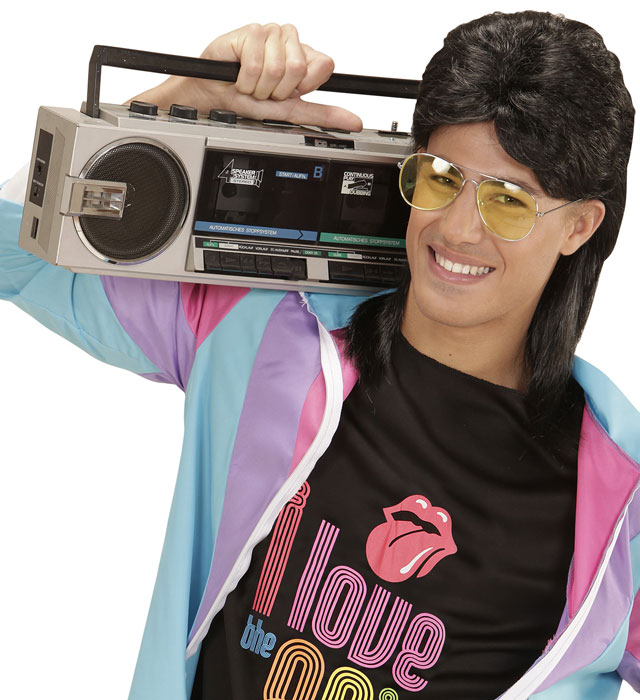 Black 80'S Mullet Wig With Glasses In Polybag