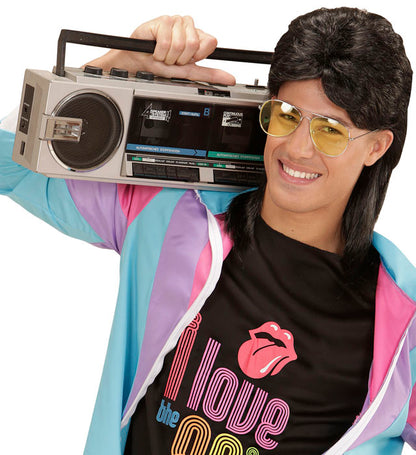 Black 80'S Mullet Wig With Glasses In Polybag
