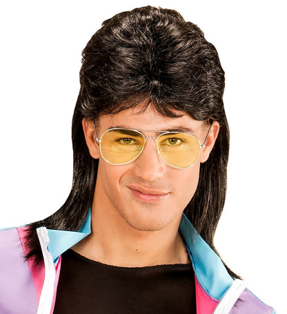 Black 80'S Mullet Wig With Glasses In Polybag