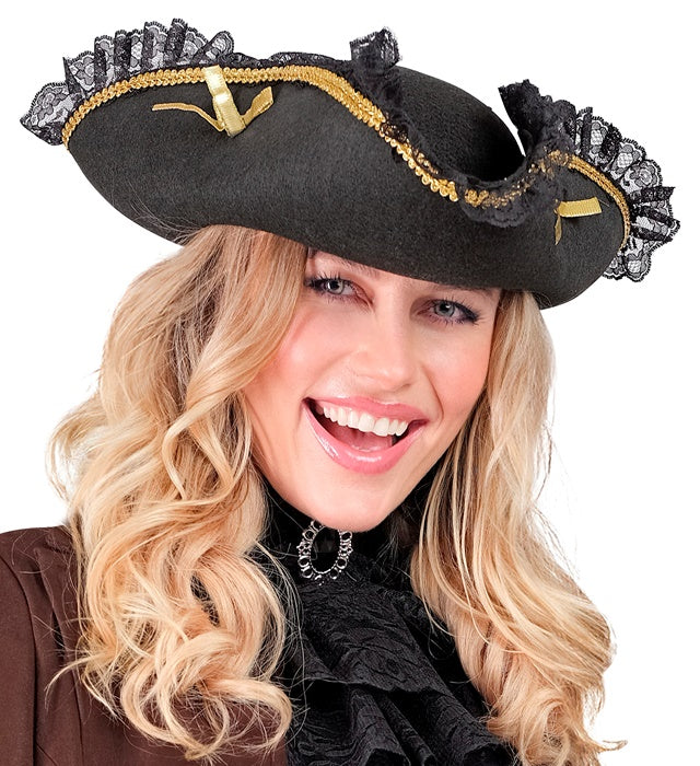 Felt Tricorn With Lace & Gold Trim