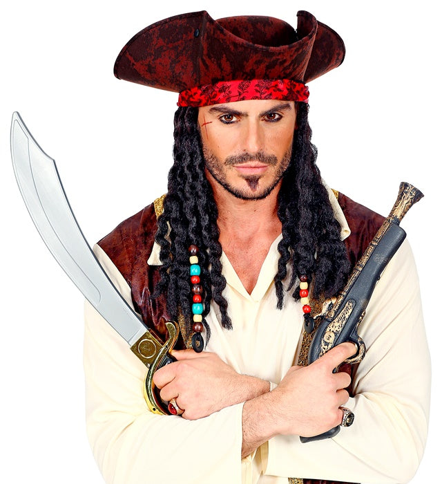 Distressed Leather Look Pirate Tricorn With Bandana & Dreadlocks
