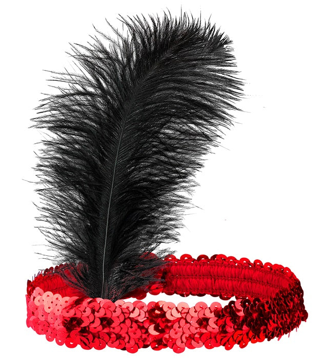 Red Sequin Headband With Feather
