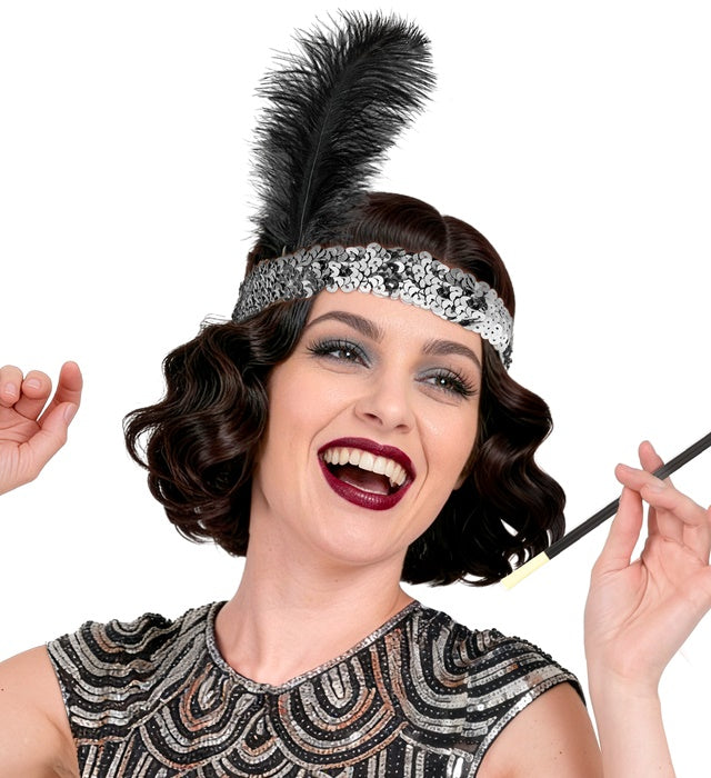 Silver Sequin Headband With Feather