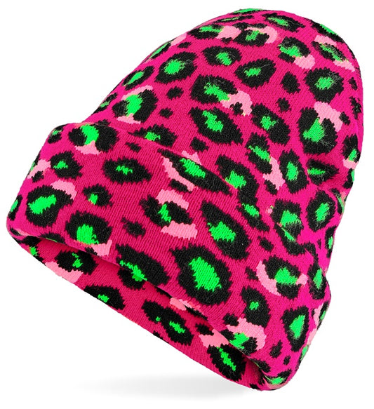 Hat Beanie Animalier Leopard Neon Pink Wool Look