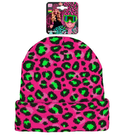 Hat Beanie Animalier Leopard Neon Pink Wool Look