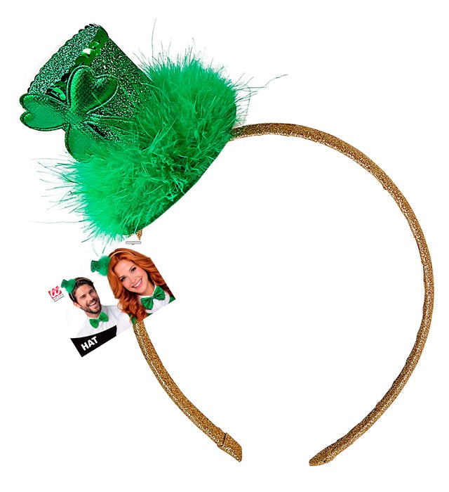 St. Patrick'S Day Mini Top Hat With Shamrock & Marabou Trim On Headband