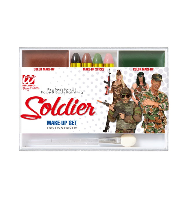 Soldier Makeup Set  4 Makeup Sticks, Brown & Green Makeup In Tray, Applicator 
