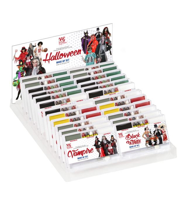 Display Box Of 24 Halloween Makeup Set  6 Vampire, 6 Witch, 4 Devil, 4 Zombie, 4 Black & White 