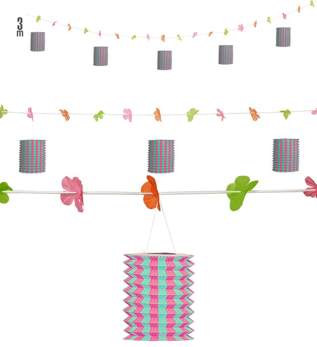 Pink/Green Lantern Garland With Flowers 3 M