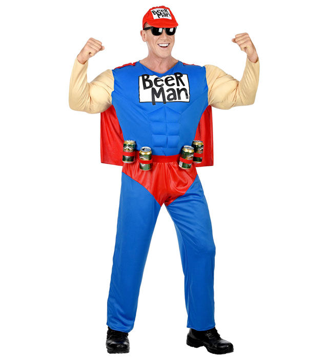 Super Beer Man  Muscle Overalls With Cape, Can Holster Belt, Cap 