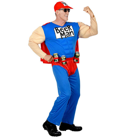 Super Beer Man  Muscle Overalls With Cape, Can Holster Belt, Cap 