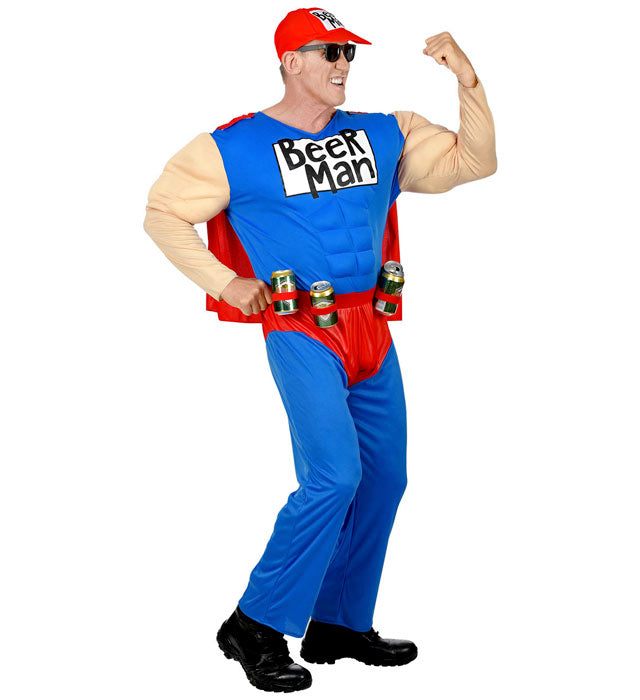 Super Beer Man  Muscle Overalls With Cape, Can Holster Belt, Cap 