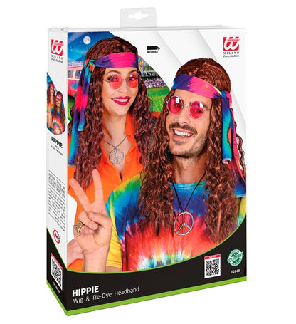 Brown Hippie Wig With Tie-Dye Headband In Box