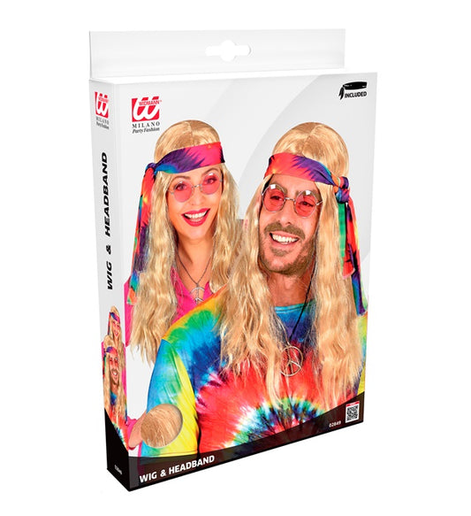 Blonde Hippie Wig With Tie-Dye Headband In Box