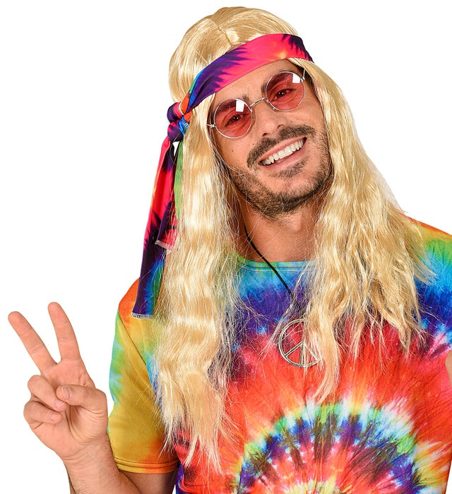 Blonde Hippie Wig With Tie-Dye Headband In Box