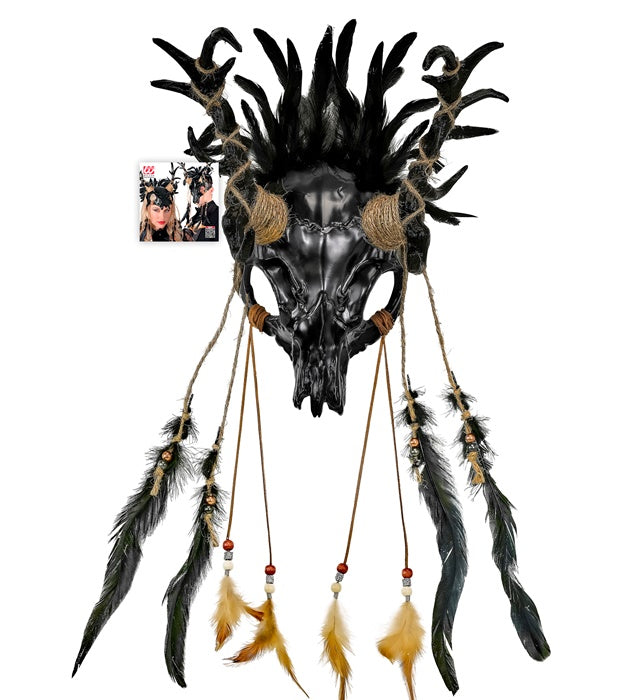 Mask Shaman Bull Skull With Feathers Black