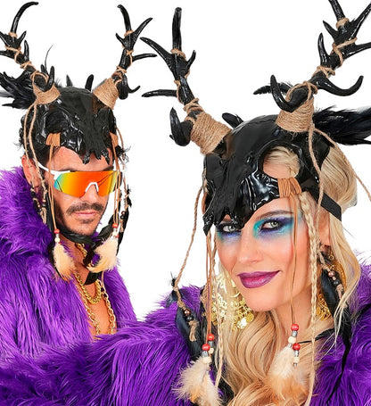 Mask Shaman Bull Skull With Feathers Black