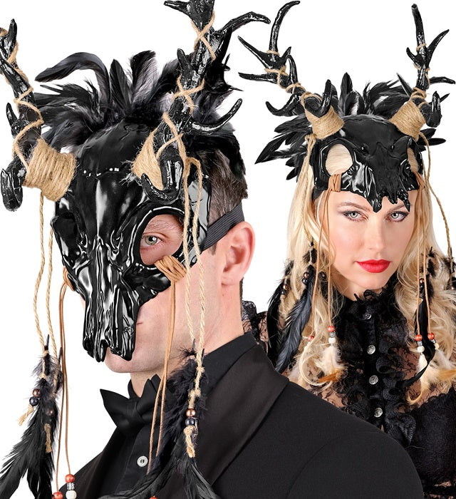 Mask Shaman Bull Skull With Feathers Black