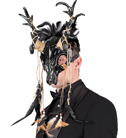 Mask Shaman Bull Skull With Feathers Black