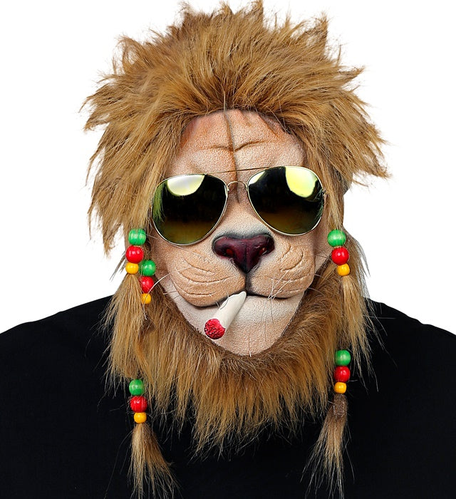Rasta Lion Half-Face Mask With Plush Mane, Beaded Plaits & Sunglasses