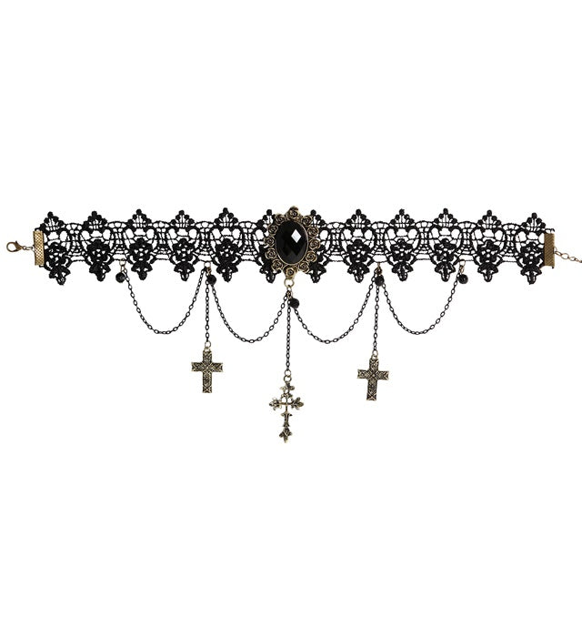 Black Gem Pendant, Chains & Crosses Lace Gothic Choker