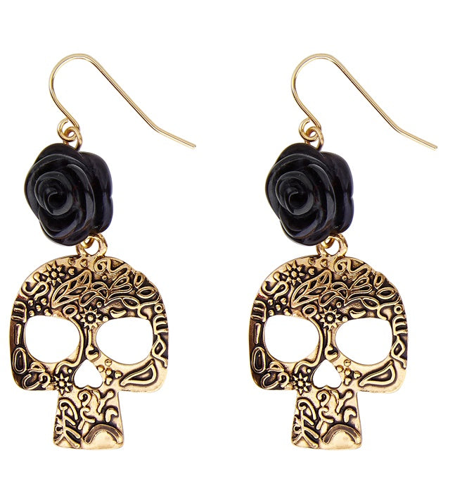 Pair Of Black Rose & Gold Skull Earrings