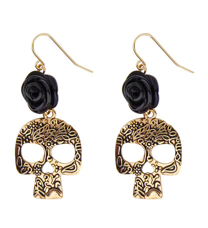 Pair Of Black Rose & Gold Skull Earrings