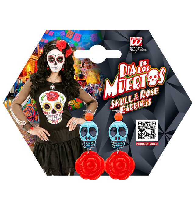 Pair Of Azure Skull & Red Rose Earrings