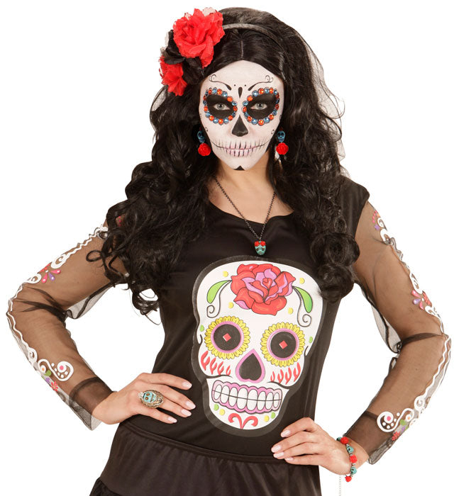 Pair Of Azure Skull & Red Rose Earrings