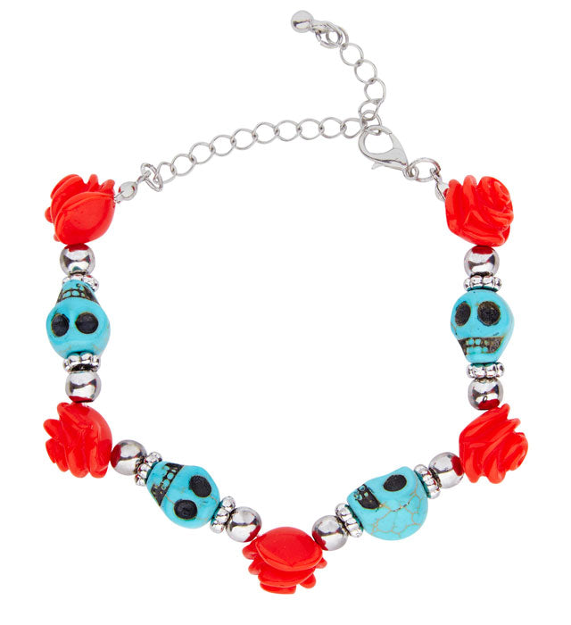Azure Skulls & Red Roses Beaded Bracelet