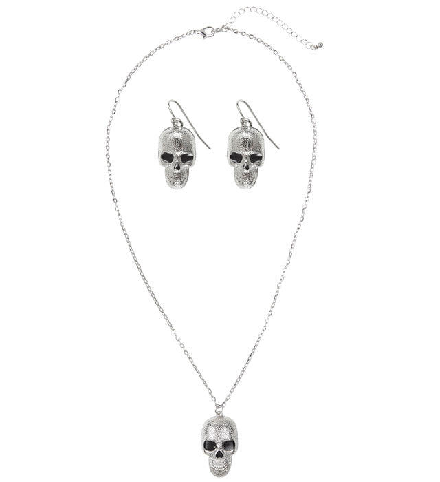 Silver Skull Necklace & Earrings