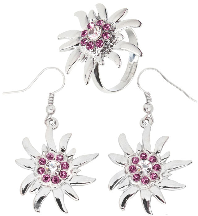 Edelweiss Earrings & Ring With Clear & Pink Strass