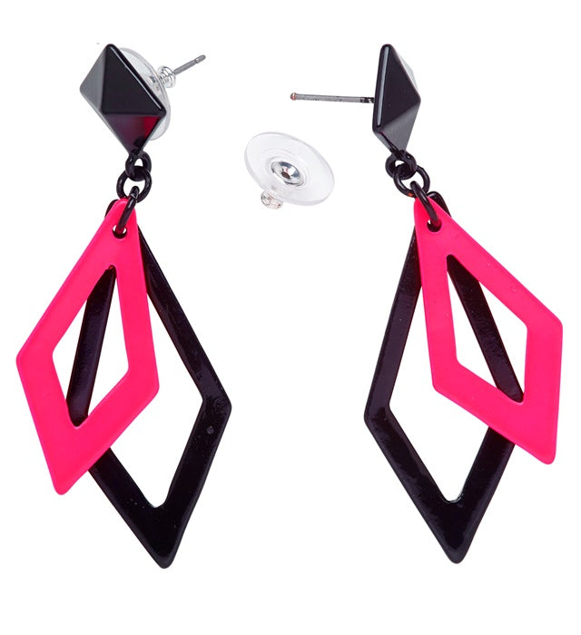 Pair Of Black & Neon Pink Rhombusearrings
