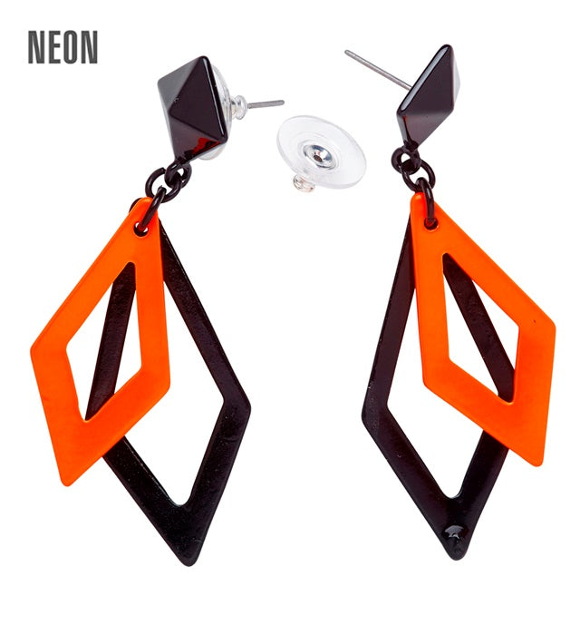 Pair Of Black & Neon Orange Rhombus Earrings
