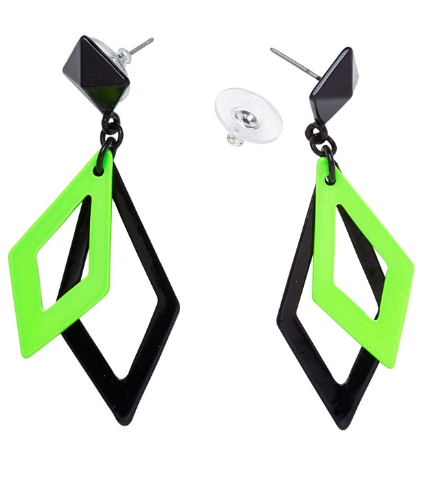 Pair Of Black & Neon Green Rhombus Earrings