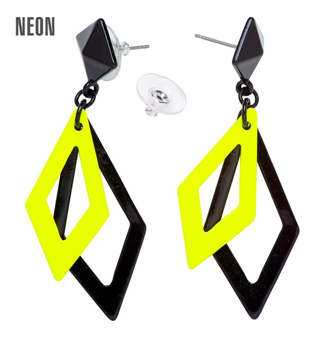 Pair Of Black & Neon Yellow Rhombus Earrings