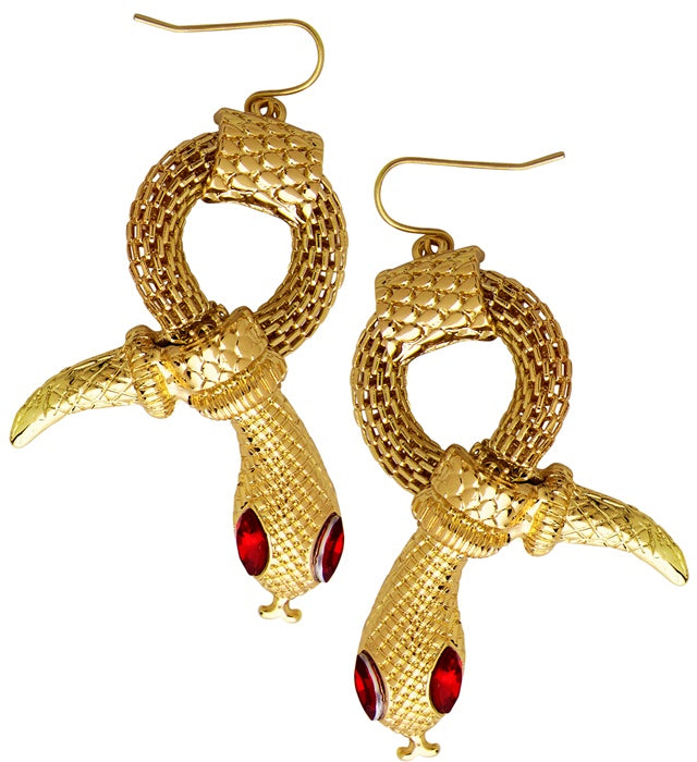 Pair Of Gold Snake Earrings With Red Gem Eyes