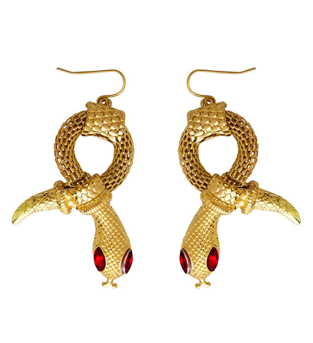 Pair Of Gold Snake Earrings With Red Gem Eyes