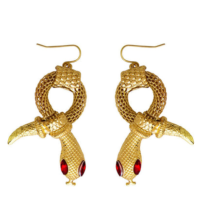 Pair Of Gold Snake Earrings With Red Gem Eyes