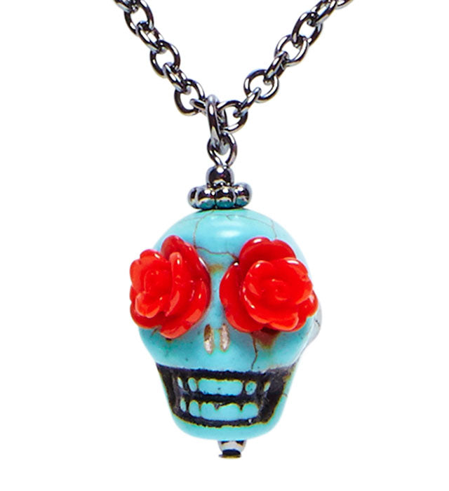Azure Skull With Red Rose Eyes Necklace