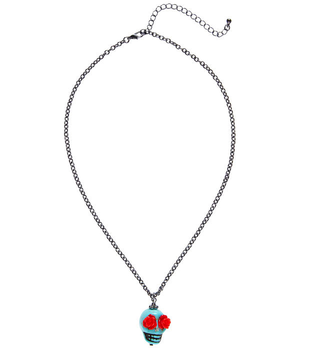 Azure Skull With Red Rose Eyes Necklace