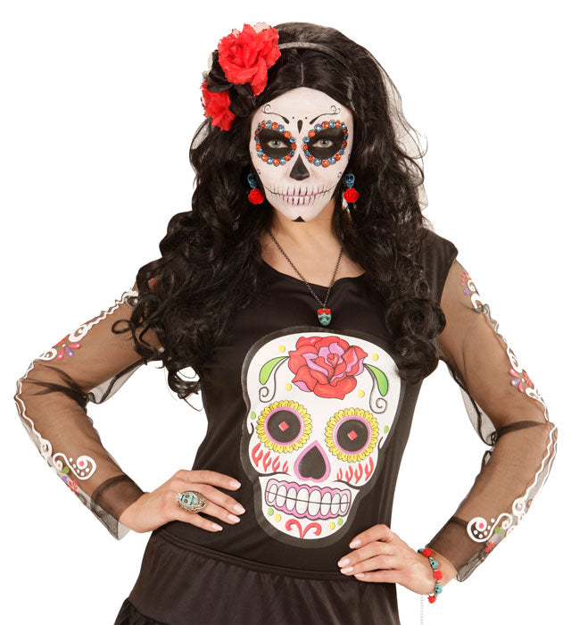 Azure Skull With Red Rose Eyes Necklace