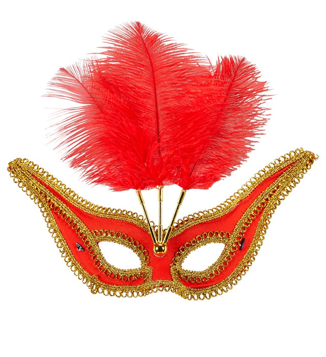 Red Eyemask With Gold Trim & Feathers