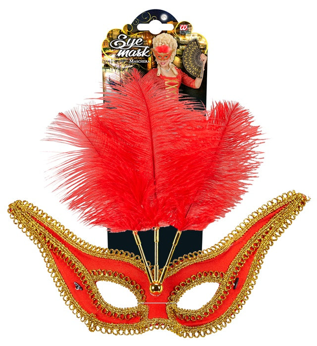 Red Eyemask With Gold Trim & Feathers