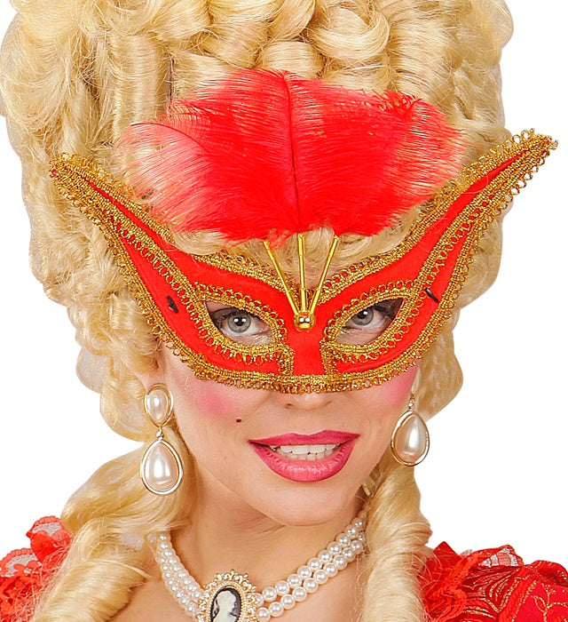 Red Eyemask With Gold Trim & Feathers
