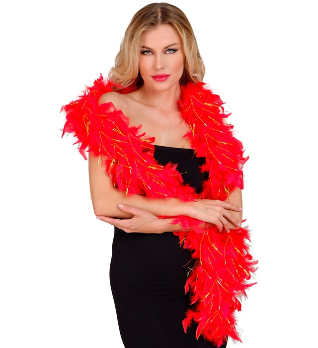 Red Feather Boa With Gold Tinsel - 1,80 M - 50 G