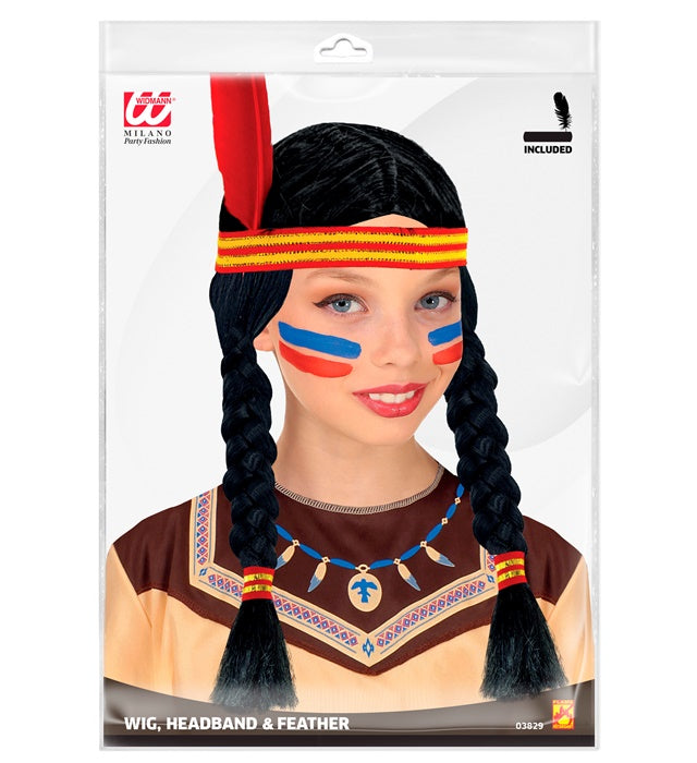 Indian Wig With Headband & Feather In Polybag