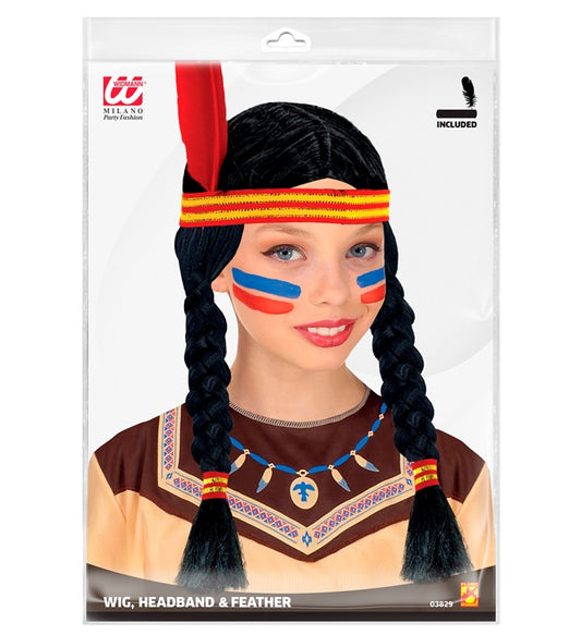 Indian Wig With Headband & Feather In Polybag