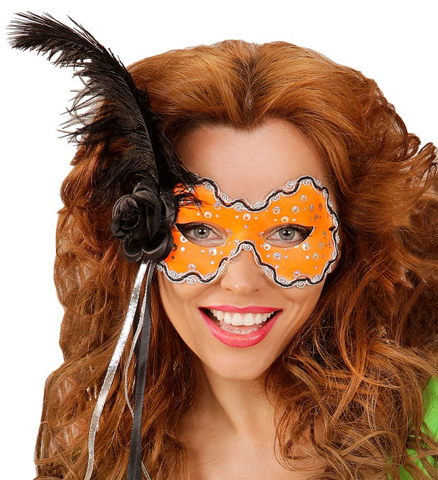 Neon Orange Brazil Eyemask With Holographic Sequin, Rose, Ribbons & Feather