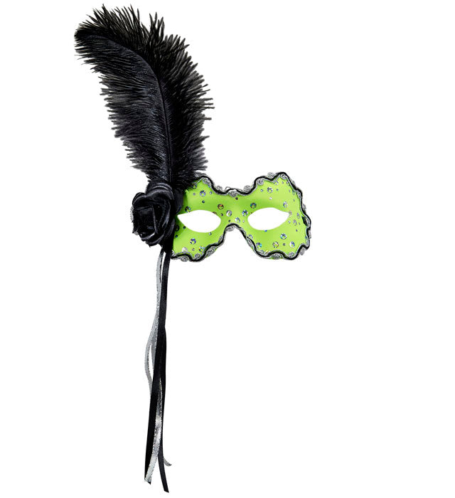 Neon Green Brazil Eyemask With Holographic Sequin, Rose, Ribbons & Feather